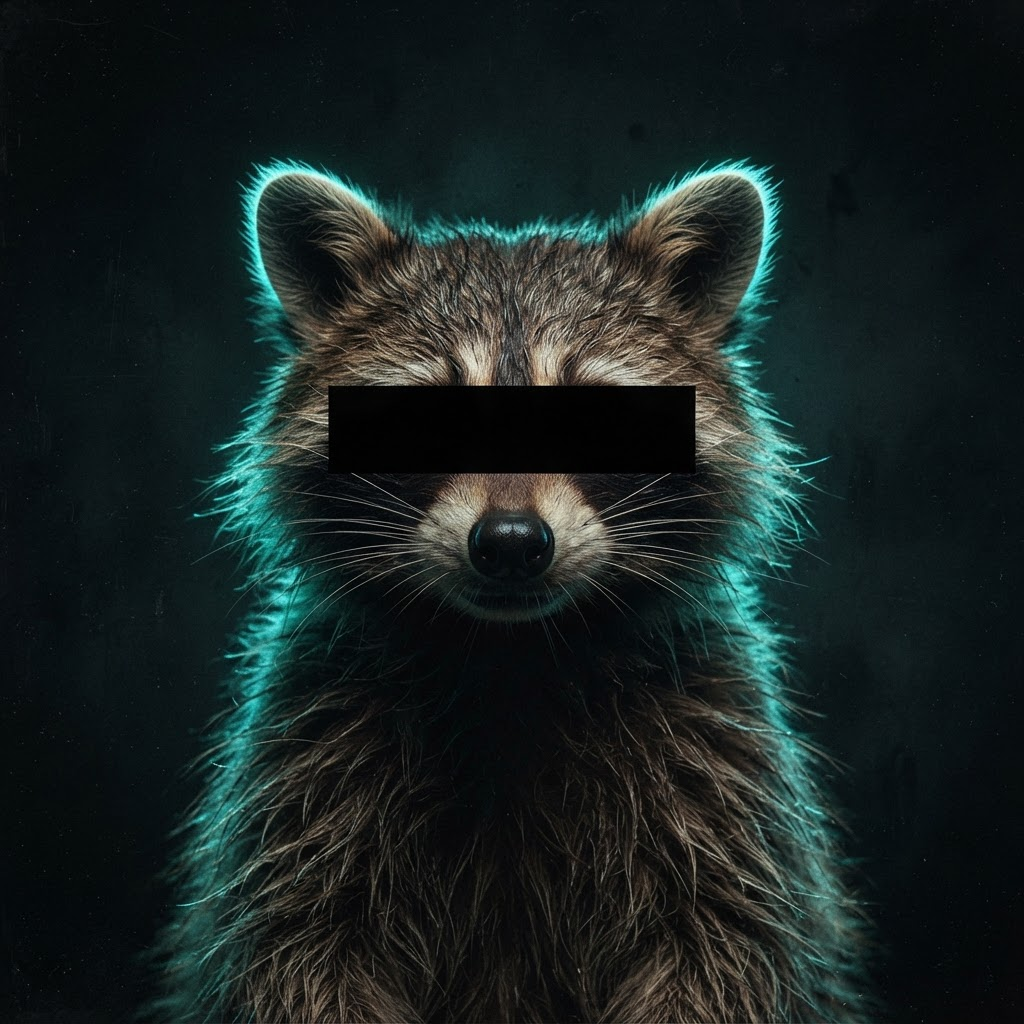 Secret Jimothy, a raccoon with a black censor bar over its eyes